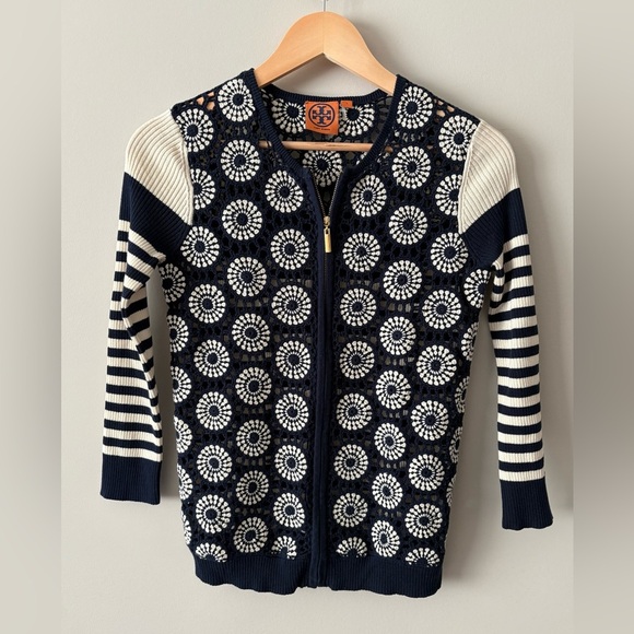 Tory Burch Crochet Cardigan Sweater Navy White Striped Zip Front Small - Picture 1 of 5